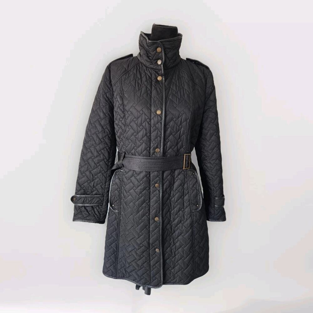 Cole Haan Quilted Coat Black Belted Trench Jacket W/ Lamb Skin Trim Women's L